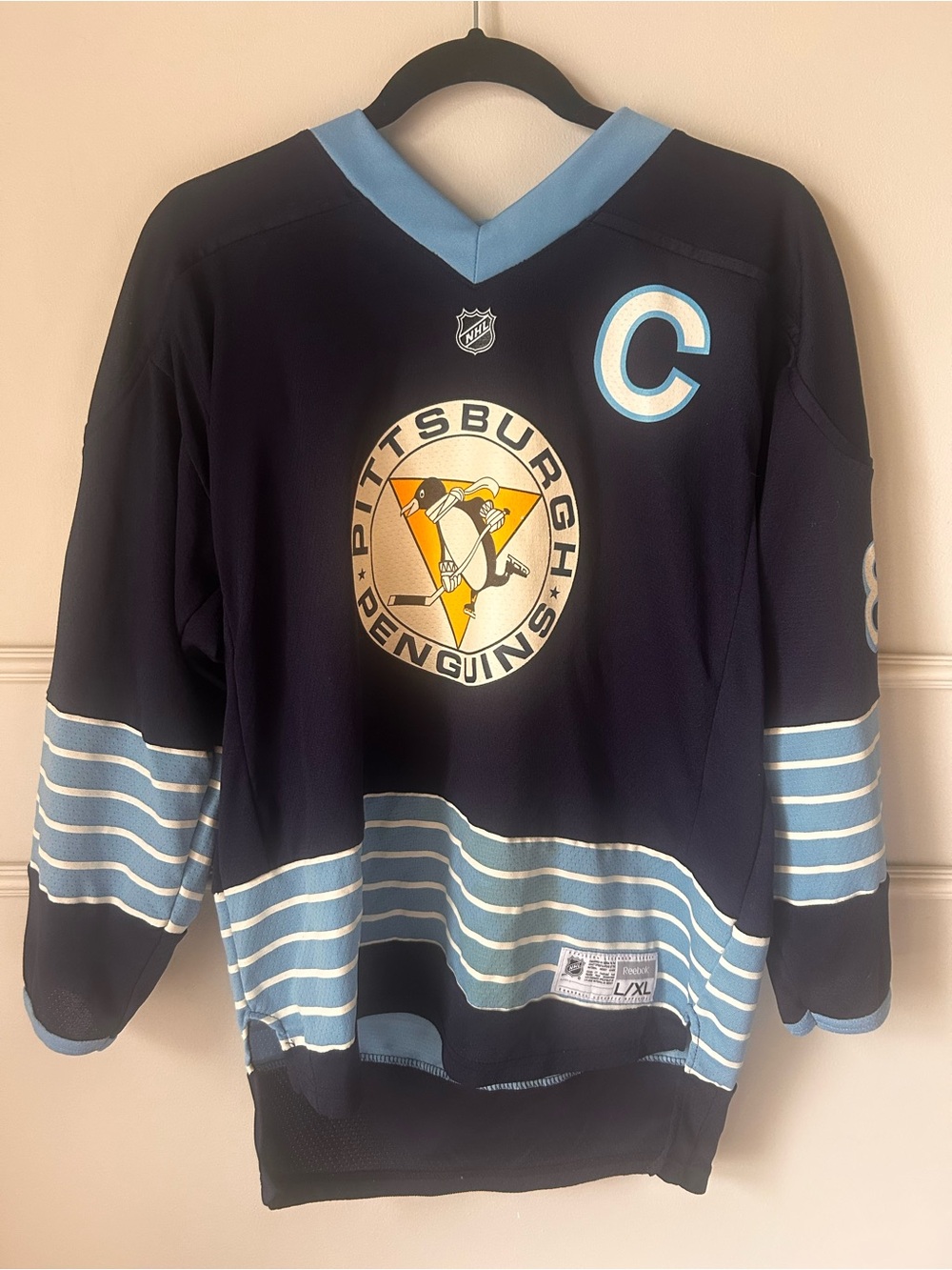 Reebok Pittsburgh Penguins Crosby Navy and Light Blue Captain V-Neck Jersey